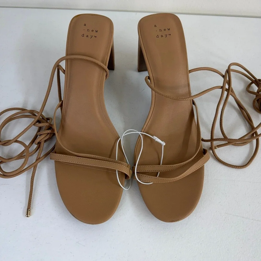 NEW A New Day‎ Marcia tan strappy tie chunk heel memory foam sandals heels shoes